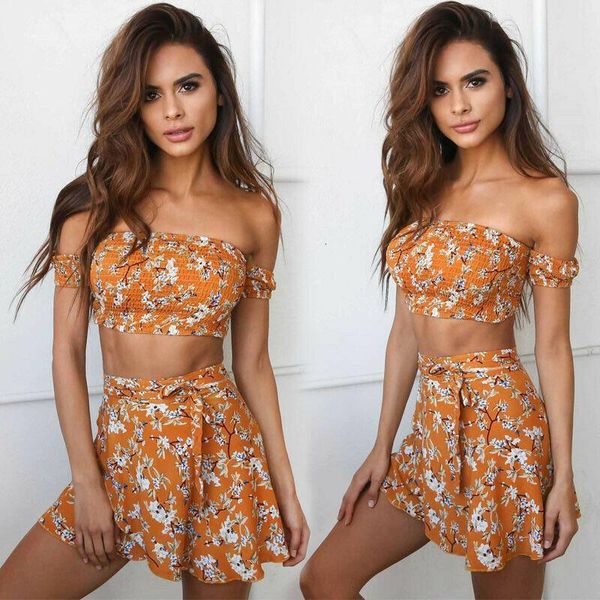 

женщины 2 шт пряжка crop top bodycon платье set summer flower высокой талией мини-платье партии отдыха короткое платье, Black;gray