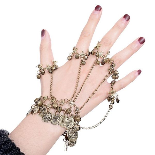 

charm bracelets retro classic chain link rings bracelet antique alloy coin bell hollow for women girl party jewelry gift accessories, Golden;silver