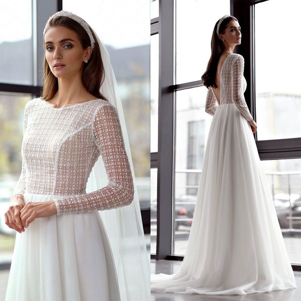 

2021 a line long sleeve wedding dresses lace elegant v back bridal gowns custom made wedding dress, White