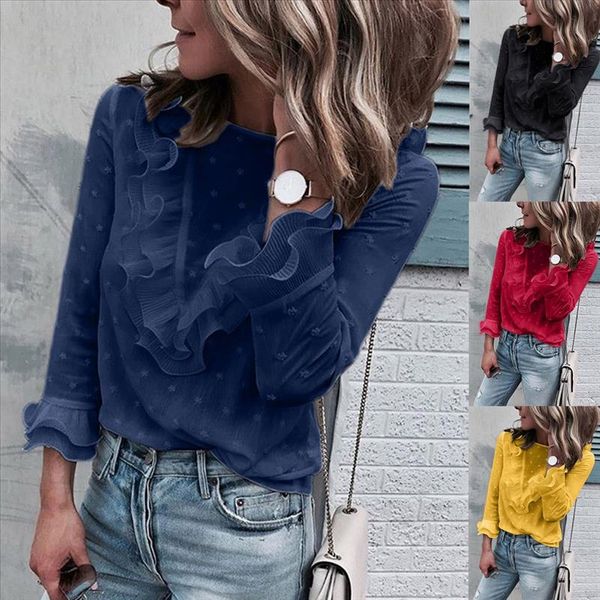 

women ladies casual lace polka dot o neck long sleeve blouse yellow chemise femme camisa winter feminina chemise femme, White