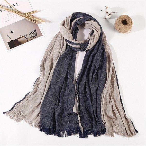 

cotton linen crumpled men's scarf poncho fringe muslim hijabs hollow plain color striped scarves shawl stole y201007, Blue;gray