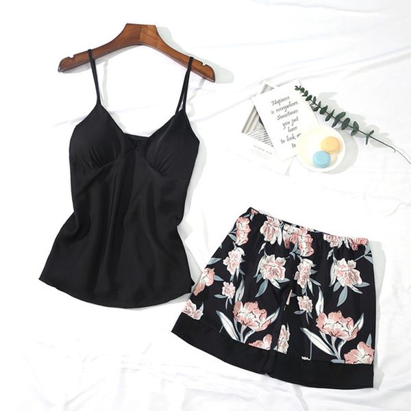 

2021 new women's summer pijamas printing spaghetti strap sleepwear female sleeveless backless shorts ladies homewear 8i78, Black;red