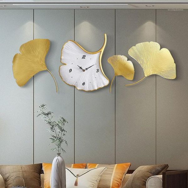 

wall clocks modern metal ginkgo leaf resin clock luxury ornaments home livingroom mural crafts el lobby sticker decoration1