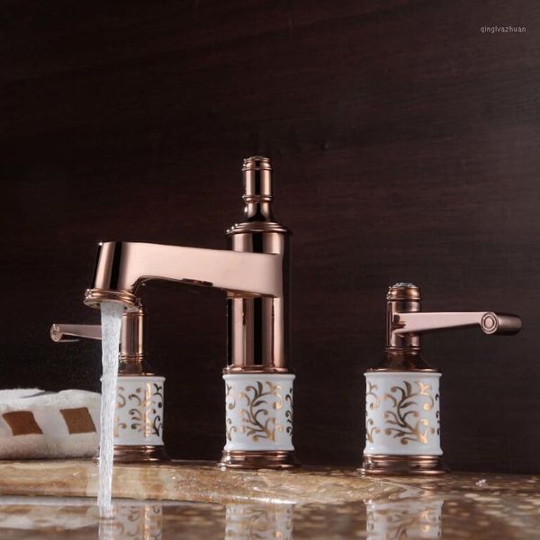 

authentic european classical imitation gold-plated ceramic basin taps double the three-hole split marble basin-wide copper1