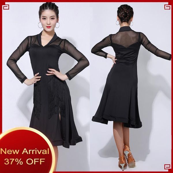 

fashion latin dance clothes female mesh long sleeve split dress for women's dance practice clothes stage samba dress dl54781, Black;red