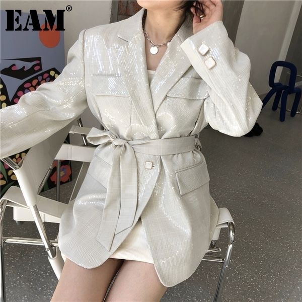 

[eam] women beige sequins big size blazer new lapel long sleeve loose fit jacket fashion tide spring autumn 1da501 201201, White;black
