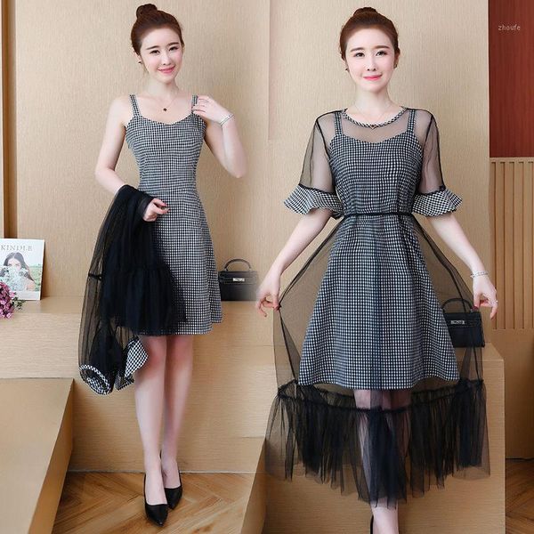 

plus size women's clothing 2020 new summer dress mesh tunic and sleeveless sling dress two-piece set fashion elbise k9281, White