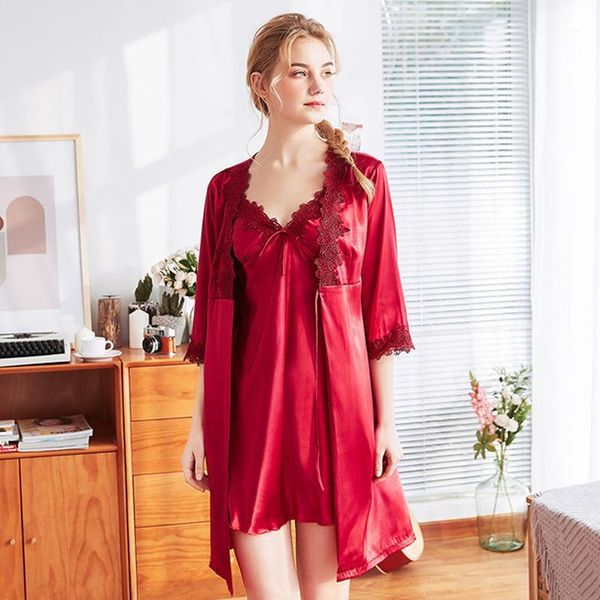 

brand 2019 spring new arrival faux silk bathrobe + nightdress two pieces robe & gown set with lace patchwork and sweet1, Black;red