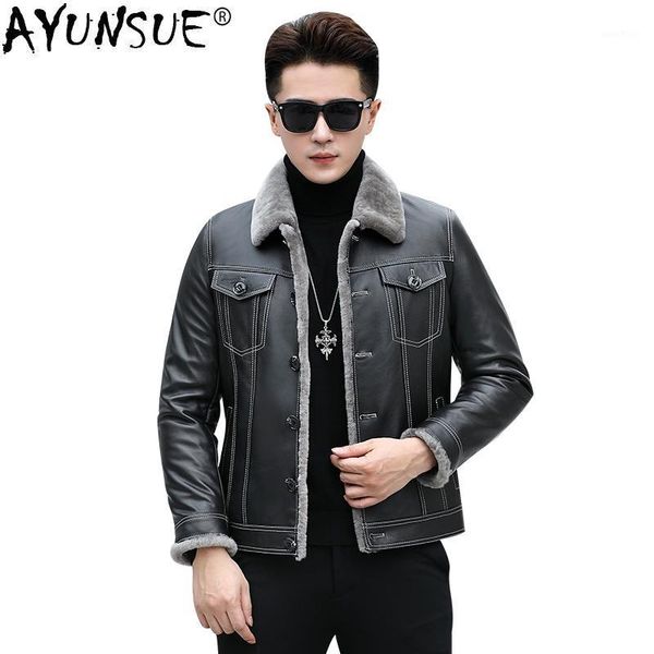 

ayunsue men's winter genuine leather jacket real lamb fur sheepskin coat for men short thick male wool casual jackets kj8481, Black