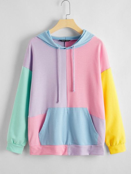 

colorblock kangaroo pocket drawstring hoodie 90bc#, White;black