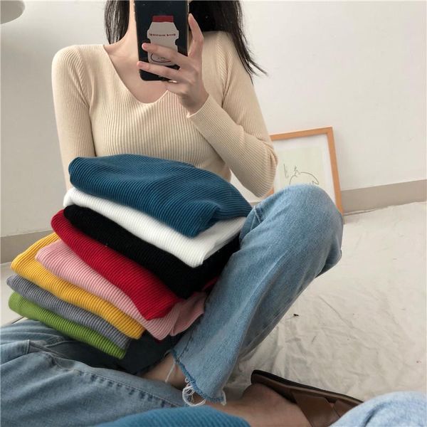 

women's sweaters pullover sweater knitted women winter autumn 2021 v-neck slim skinny solid jumper korean office ladies soft warm femal, White;black