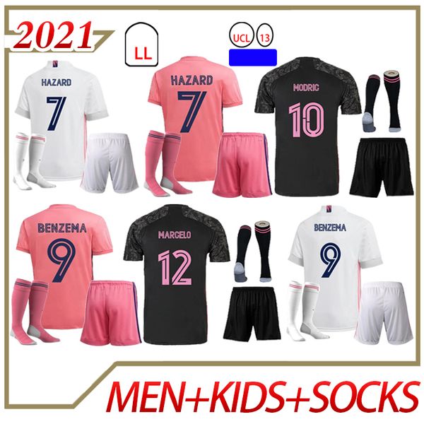 

sergio ramos hazard benzema real 20 21 soccer jersey 2020 2021 asensio modric marcelo football shirt men+kids kits socks, Black