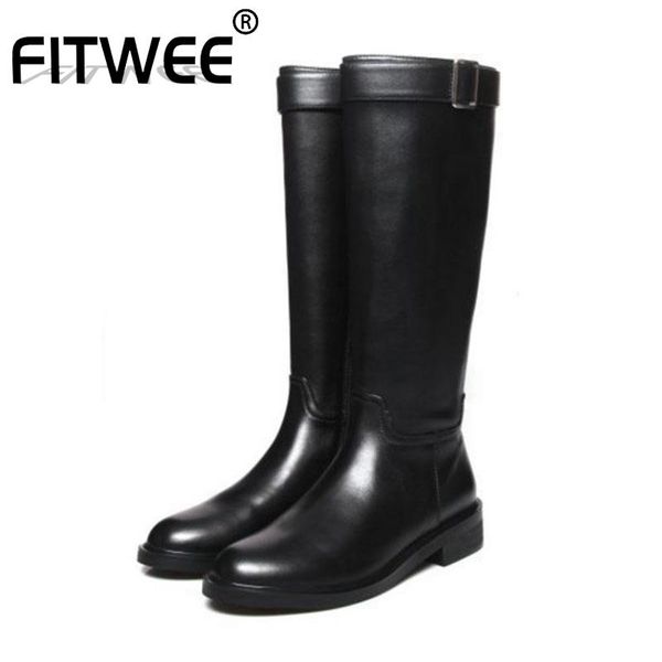 

boots fitwee 2021 winter ladies black knee high genuine leather buckle motorcycle straight footwear size 33-44