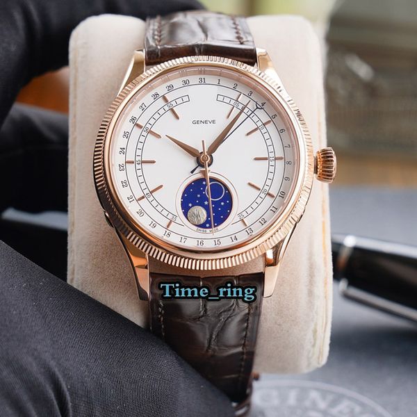 

edition m50535-0002 moon phase dial rose gold steel case automatic mechanical movement mens watch brown leather strap designer watches, Slivery;brown