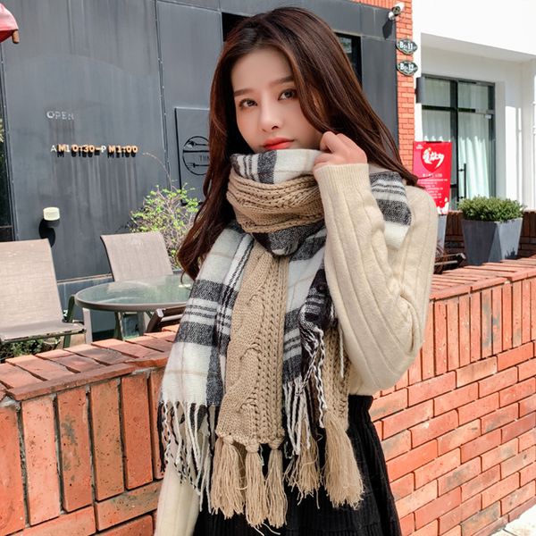 

woolen women's winter versatile casual thickened neck korean warm knitted linen stitched plaid scarf for women, Blue;gray