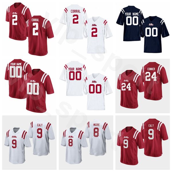 Ole Miss Rebels College NCAA Futebol 9 Jerrion Ealy Jersey 2 Matt Corral 24 Snoop Conner 8 Elijah Moore 84 Kenny Yeboah Bordado