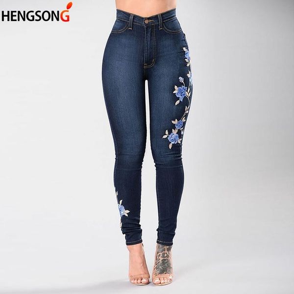 

women's jeans 2021 lady's skinny women blue rose embroidered female slim print trousers pencil pants