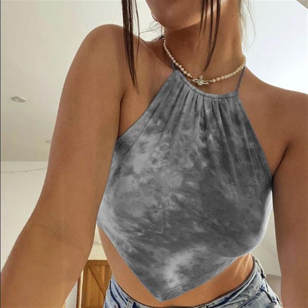 

cotta women summer tie dye lace up halter women backless bandage crop 1, White