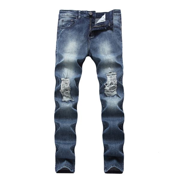 

dirweimon2019 fashion hip hop patch retro knee rap hole zipped biker jeans men loose slim destroyed torn ripped denim, Blue