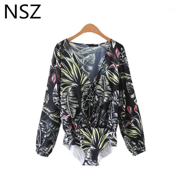 

nsz women tropical leaves bodysuits rompers long sleeve deep v neck playsuits hollow body shirt overall jumpsuit summer20201, Black;white
