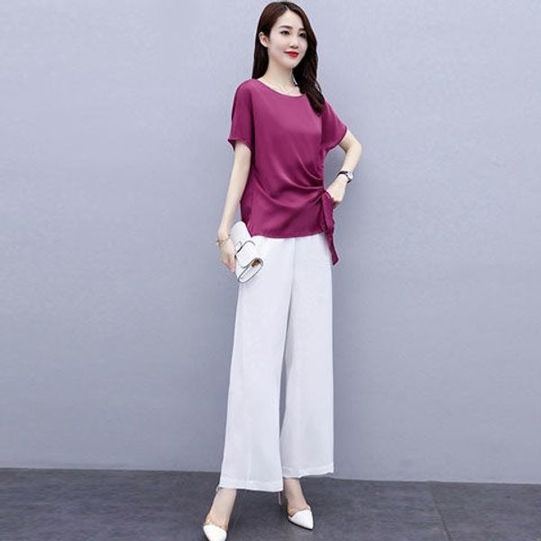 

women's summer fashion wide-leg pants 2020 new western style wide leg pants suitsuit suitbelly covering age slimming loose casual two-p, Gray