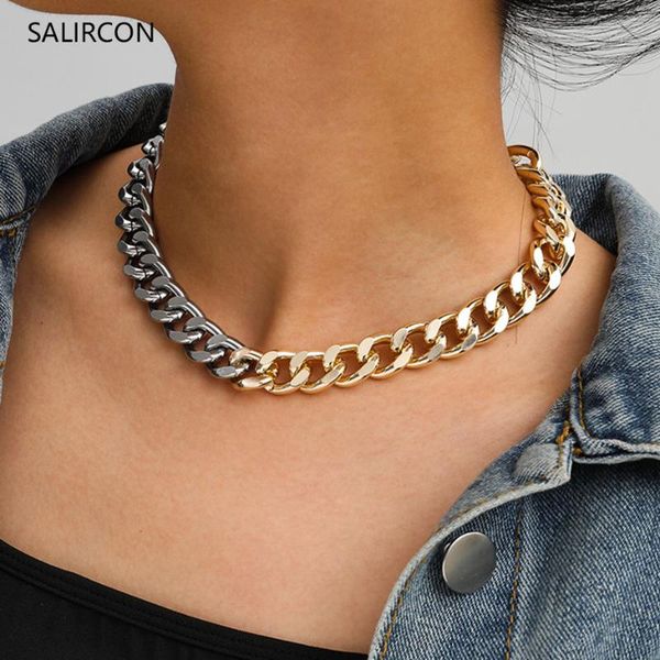 

salircon punk толстых ключицы цепи ожерелья choker для женщин для мужчин кубинского link ожерелье цепи гот 2020 коренастых шеи ювелирных изд, Golden;silver