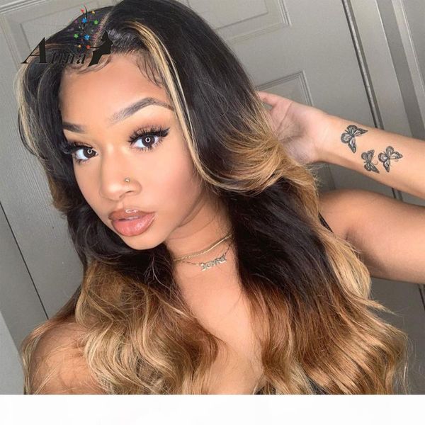 

atina ombre colored wavy human hair wig pre plucked brazilian remy bleach knots hd transparent invisible lace front wig 250%, Black;brown