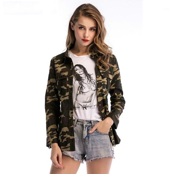 

women camouflage camo jacket shirt long sleeve button outwear coat female casual blouse pocket 2018 spring autumn new1, Black;brown