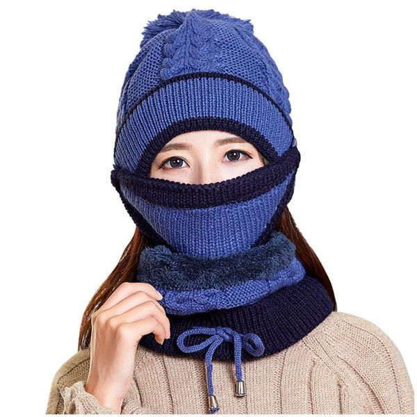 2020 Windproof Mulheres Inverno Quente malha Chapéus Scarf Set Thickend Gorro Cachecol completa face da tampa exterior