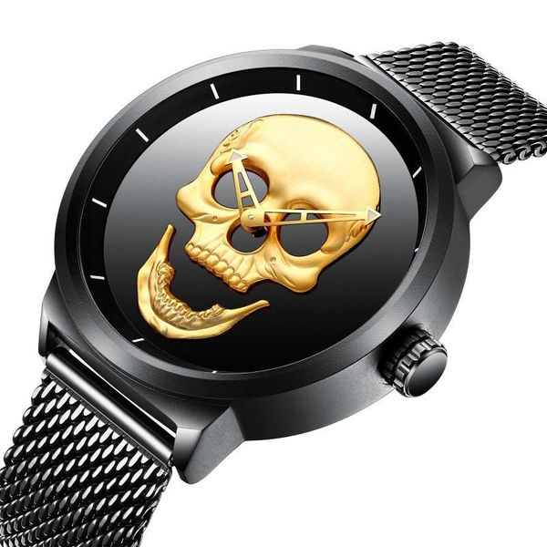 

unique punk 3d skull men watch steel gold black clock waterproof sport male quartz watches relogio masculino, Slivery;brown