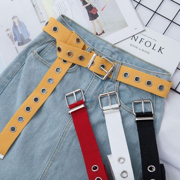 

punk casual canvas belt single row of holes pin square buckle waist strap white black student women men jeans waistband, Black;brown