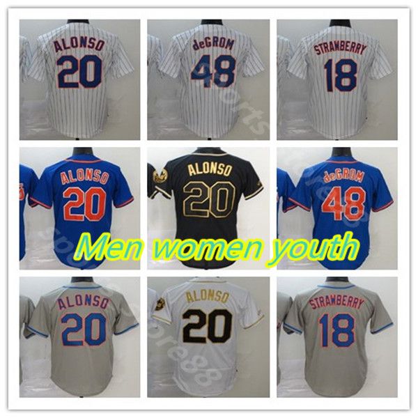 

men women youth mets baseball jerseys 20 pete alonso mets jersey white black golden edition 18 darryl strawberry 48 jacob degrom, Blue;black
