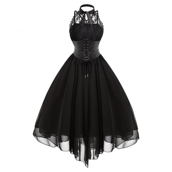 

2021 gothic bow party dress women vintage black sleeveless cross back lace panel corset swing dress robe vestidos femme, Black;gray