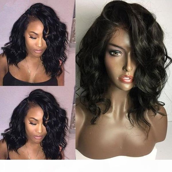 

body wave short bob lace front human hair wigs 130% density brazilian remy hair with baby hair pre plucked, Black;brown
