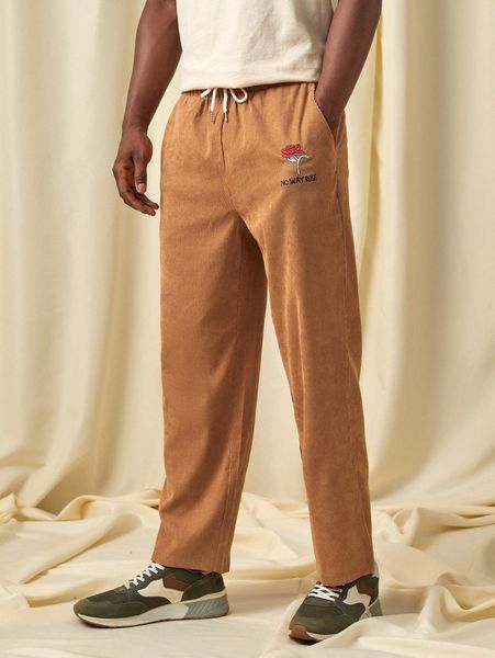 

romwe guys floral letter embroidery corduroy pants f6su#, Black