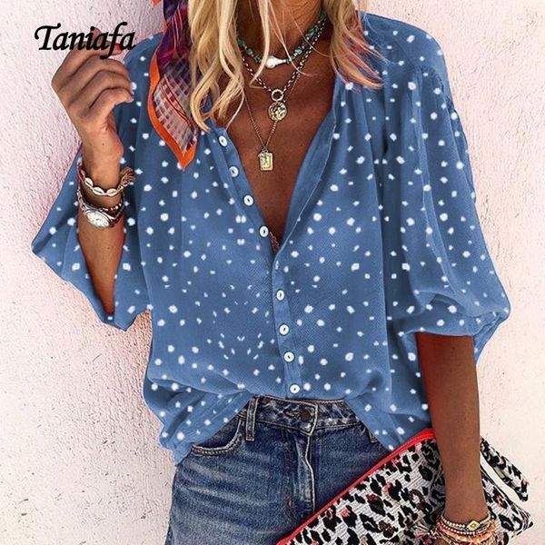 

taniafa fashion women casual loose print long sleeve shirts casual v neck polka dot blouse plus size1, White