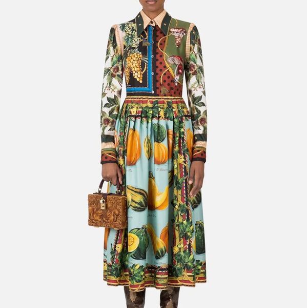 

2021 spring track new printing long sleeve breasted with fine adjustment mid-length temperament dress of z18a, Black;gray