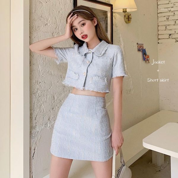 

summer new tweed sets 2 piece set women skirt suit fashion short sleeve single-breasted crop + mini skirt sets outfits1, White
