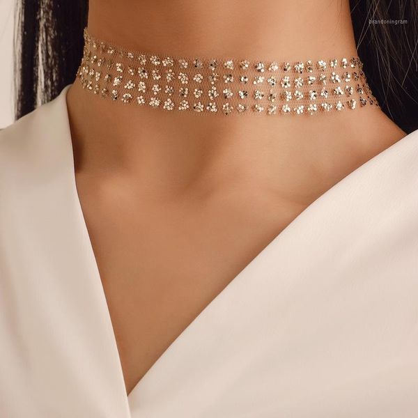 Chokers Moda Seksi Geniş Metal Yaka Gerdanlık Kolye Kadınlar Için Parlak Sequins Gazlı Bez Örgü Chocker NecklaceTemperament Takı A0051