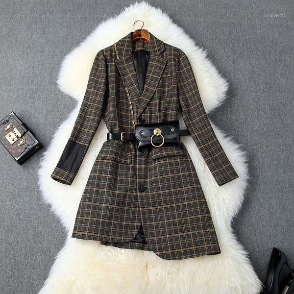 

new 2020 autumn winter women black long blazer notched collar black small bag belt elegant plaid asymmetric blazers outerwear1, White;black