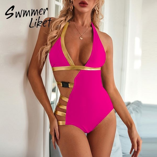 

hollow out bathing suit women bodysuits woman swimsuit one piece buckle swimwear female halter bikini bathers monokini y200824, White;black