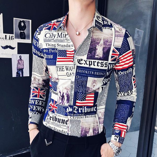 

autumn men's american flag print dress shirt fashion man luxury slim fit social shirts casual men night club long sleeve shirt, White;black