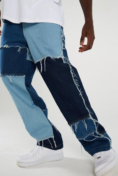 

men's jeans trousers fashion vintage frayed color block denim trousers straight pants streetwear loose-fit casual long bottoms, Blue