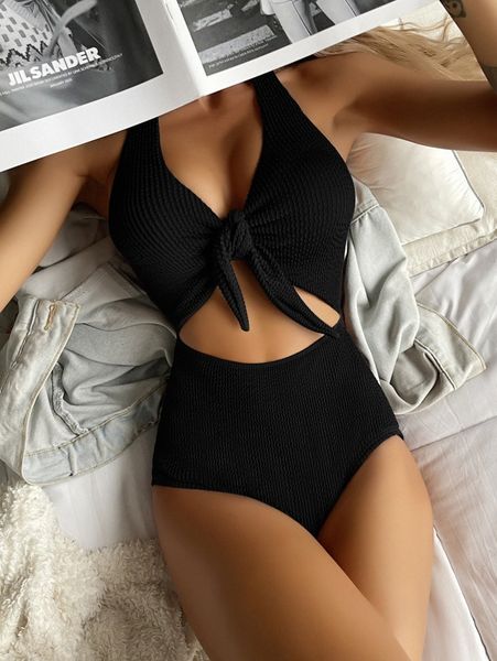 

textured cut-out halter one piece swimsuit n9fz#, White;black