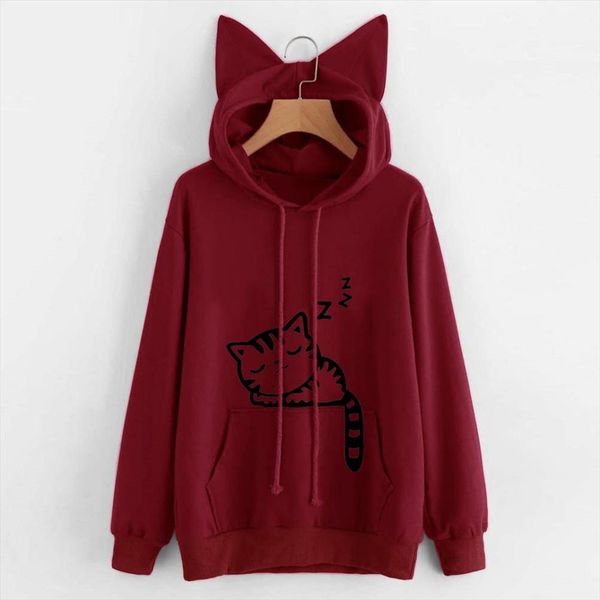 

harajuku женщина толстовка толстовка kawaii winter cat pattern с длинным рукавом с капюшоном толстовка уха hooed mujer, Black