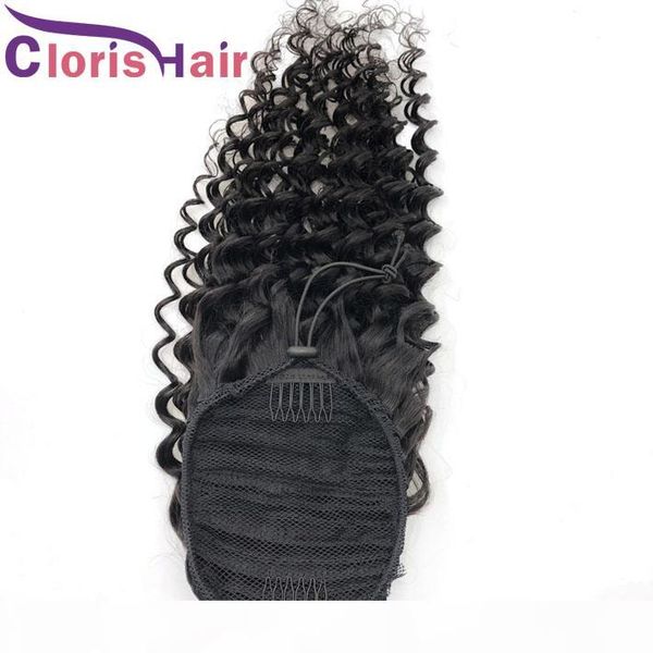 

deep curly ponytail extensions with clip ins adjustable drawstring peruvian virgin human hair pony tails for black women deep wave hairpiece