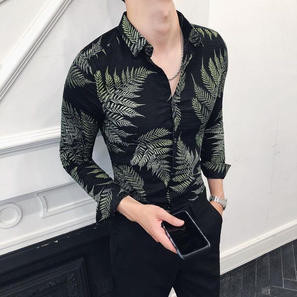 

2020 fashion men shirt slim fit casual print men's social shirts camisa masculina dress long sleeve british style blouse homme1, White;black