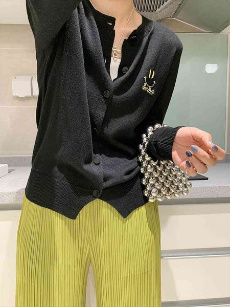 

womens autumn and winter cardigan embroidery smiley face sweater open loose long-sleeved v-neck jacket, White;black