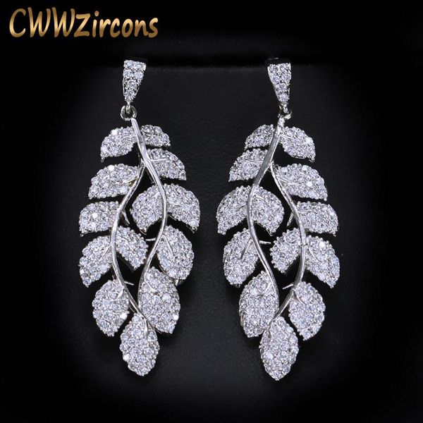 

cwwzircons марка top quality miro pave cz кубический цирконий камни форма листа длинные серьги мотаться падение для женщин cz218, Silver
