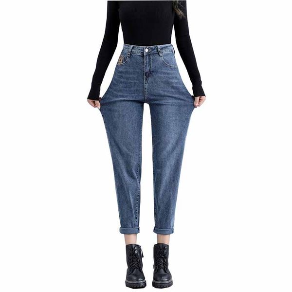 

2021 fashion plus size jeans women autumn winter denim casual trousers solid color high waist elasticity loose harem pants kw276, Blue